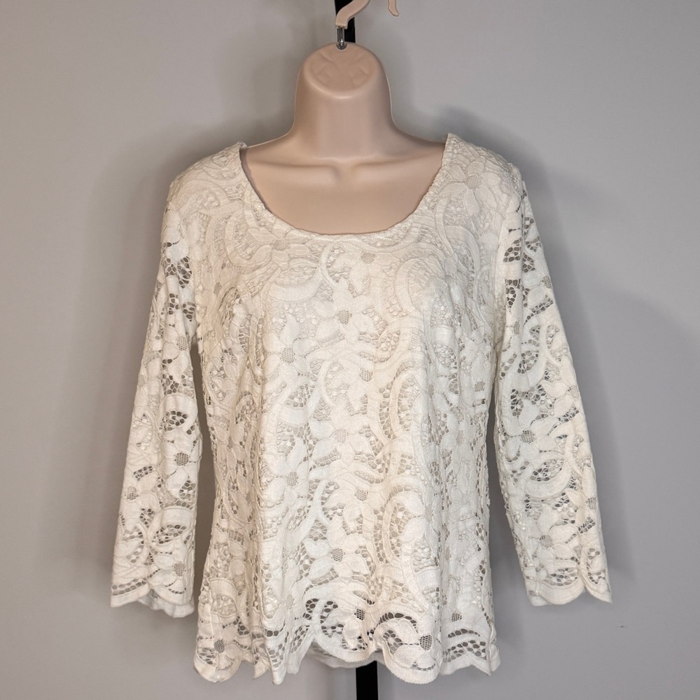 Nanette Lepore 3/4 Sleeve Embroidered White Lace Top - Size M